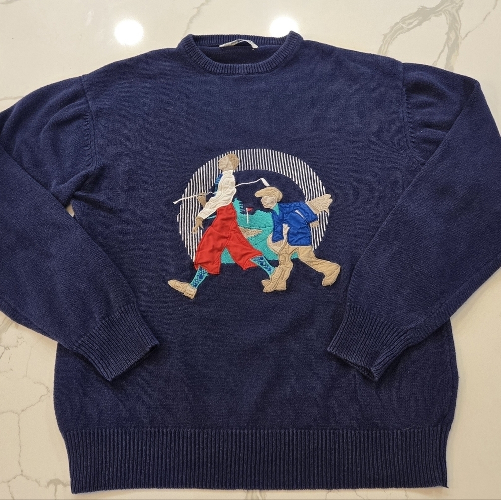 VTG Pringle Of Scotland Mens Crewneck Linen Cotton Embroidered Golf Sweater XL